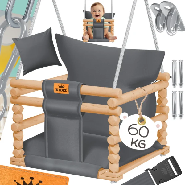 KIDIZ® Baby Swing with Padded Seat | Wooden Swing with Anti-Tip System up to 60 kg