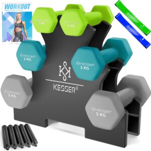KESSER® Dumbbell Set – 3 Pairs (1, 2 & 5 kg) – Total 18 kg – With Stand, Exercise Booklet & 2 Fitness Bands