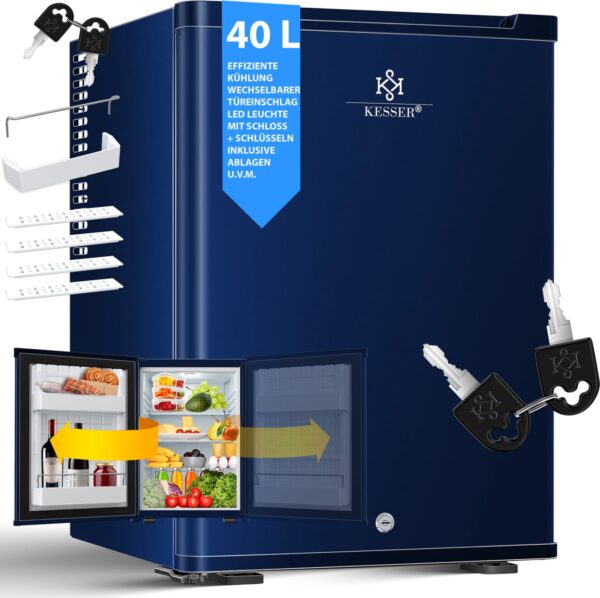 KESSER® 40L Mini Fridge – Quiet, Lockable, LED Light, Freestanding with 4 Shelves