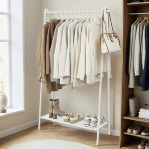ستاند ملابس SONGMICS من الفولاذ – علاقة ملابس مع قضيب تعليق ورف سفلي، تصميم بسيط باللون الأبيض