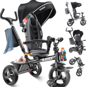 عجلة ثلاثية للأطفال KIDIZ 5 في 1 – دراجة قابلة للتحويل مع مقبض دفع، مظلة قابلة للطي، مقعد دوار 360°، حزام أمان 3 نقاط، حامل أكواب وحقيبة