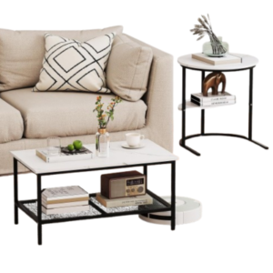 طقم طاولات قهوة – طاولة مستطيلة قابلة للفصل وطاولة دائرية، سطح بنقشة رخام صناعي