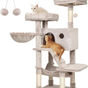 عمود خدش كبير للقطط Feandrea بارتفاع 135 سم – برج قطط مع بيت وكهوف ومنصات مريحة، لون بني متدرج مع الأبيض