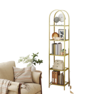 رف تخزين وعرض من 5 طبقات بأرفف زجاجية وإطار فولاذي بتصميم مقوس أنيق