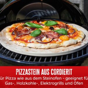 حجر بيتزا دائري من الكوردييريت، قطره 33 سم، مناسب للشواء أو الفرن، يعمل على شواية غاز أو فحم أو شواية كهربائية.