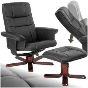 كرسي استرخاء دوّار مع مسند قدم – مسند ظهر قابل للتعديل – جلد صناعي – أسود/بني (قطعة واحدة)