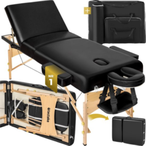 طاولة تدليك تكتايك® 3 مناطق – قابلة للطي – إطار خشبي – مع حقيبة حمل ومسند رأس ومسند ذراعين – قابلة لتعديل الارتفاع – باللون الأسود