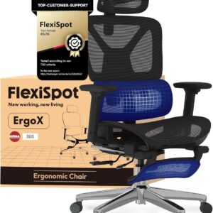 كرسي مكتب FLEXISPOT ErgoX باللون الأسود – مع مسند قدم ومساند ذراع 3D ومسند رأس 3D ودعم ظهر 5D