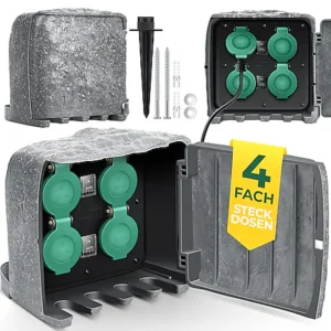 KESSER® Garden Power Socket – 4 Outdoor Sockets in Stone Look with Ground Spike & 3m Extension Cable