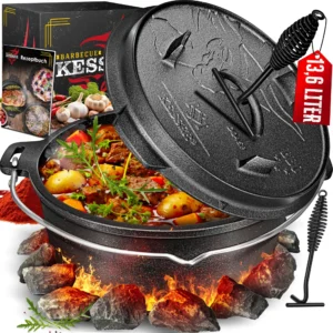 KESSER® Dutch Oven Set – Cast Iron BBQ Pot with Lid Lifter, Thermometer Slot